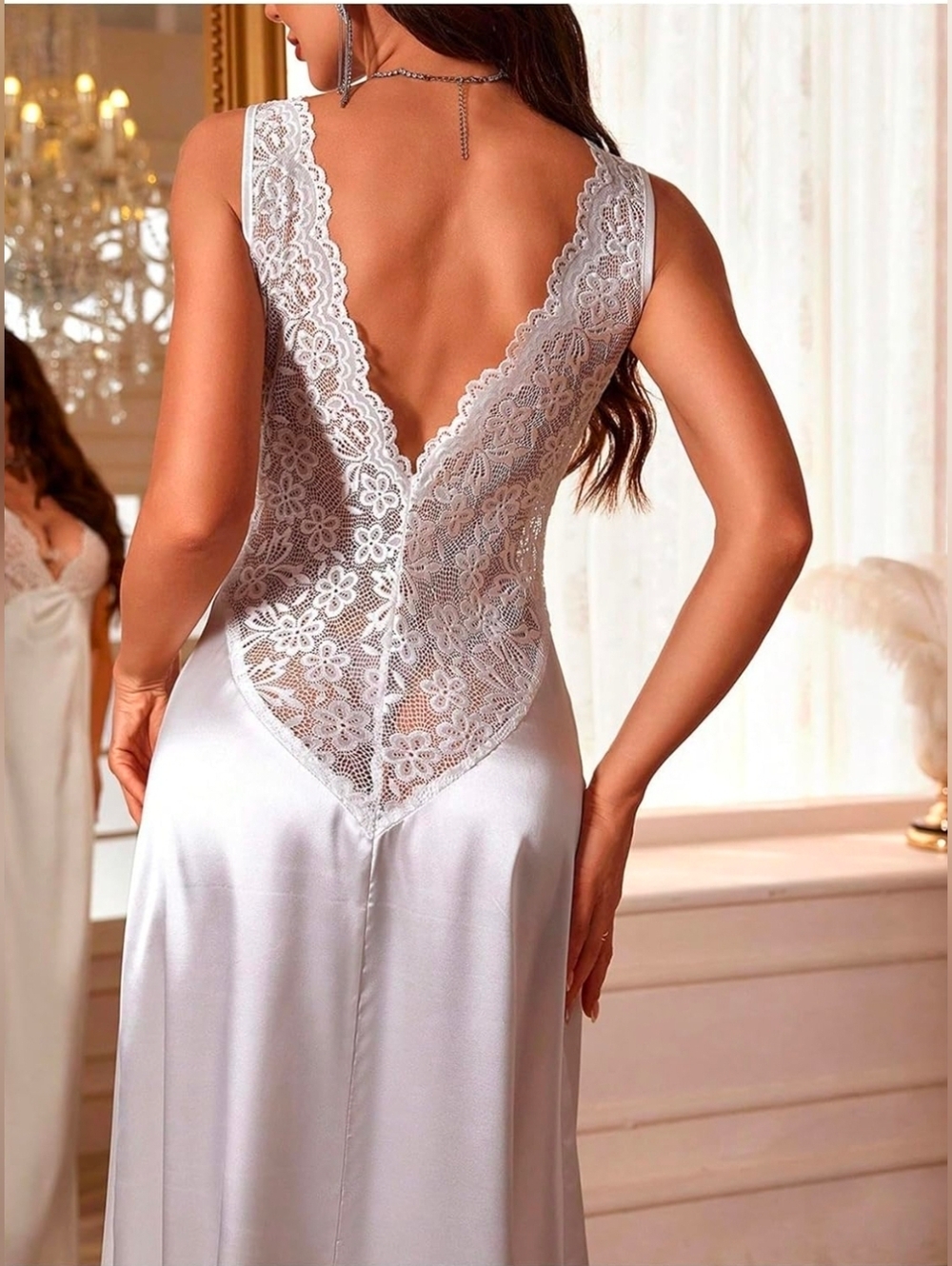 Lace Backless Sexy Long Satin Sleepwear Deep V Neck Sleeveless Nightgown Bride - Picture 5 of 11